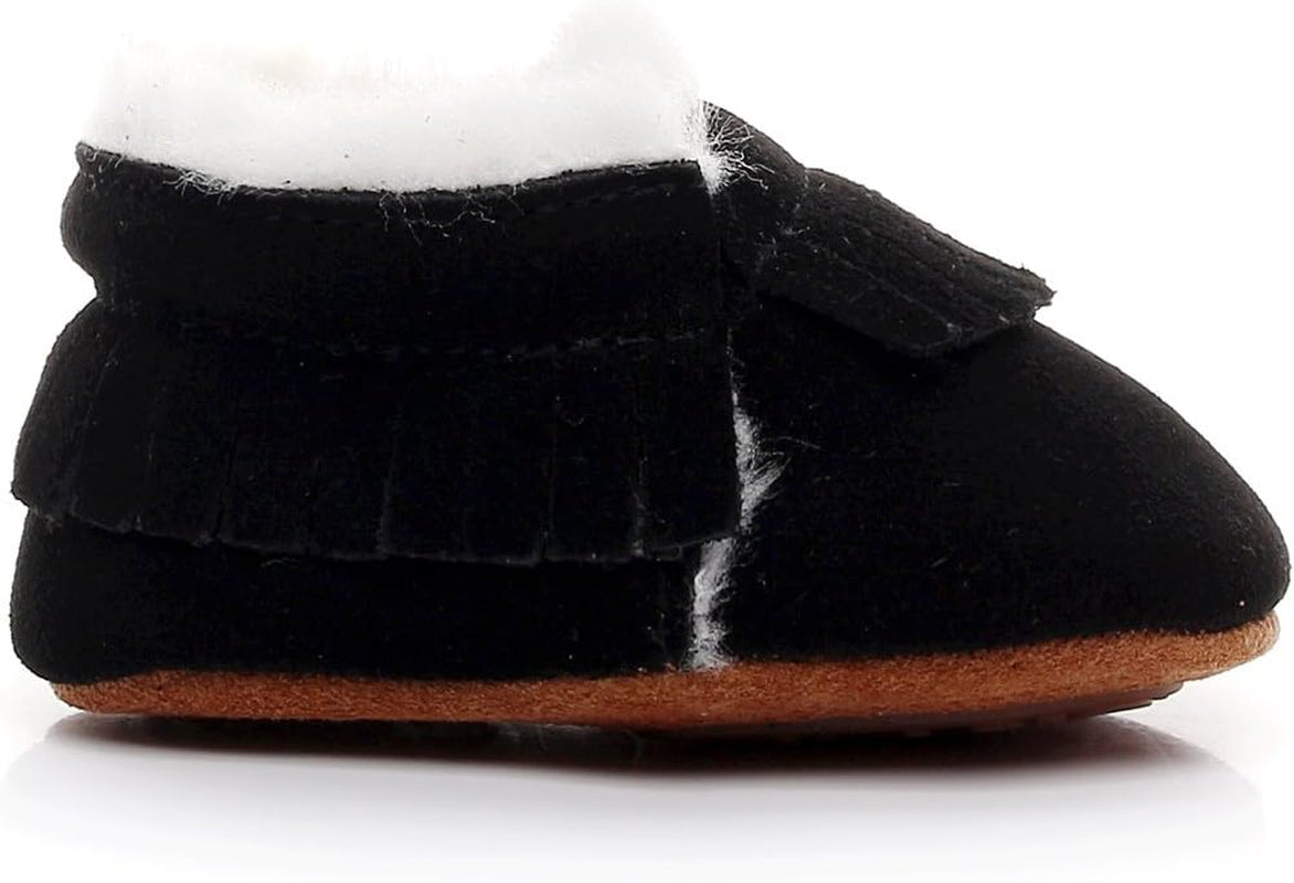 Baby Moccasins with Fur Fleece Rubber Soles Warm Snow Boots Leather Baby Shoes for Boys Girls