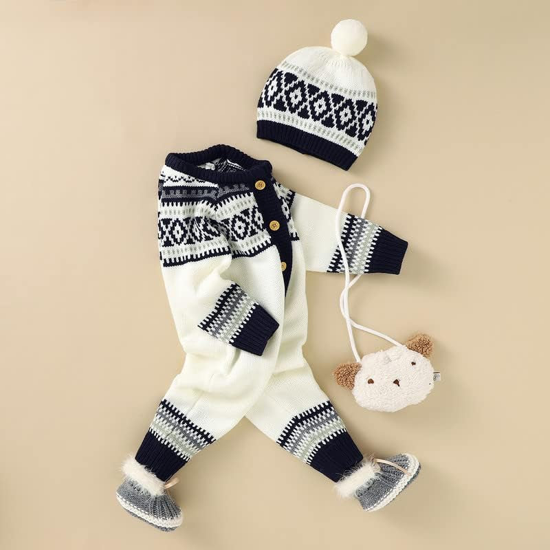 Newborn Baby Romper with Hat Clothes Set Infant Girl Boy Knitted Sweater Jumpsuit Long Sleeve