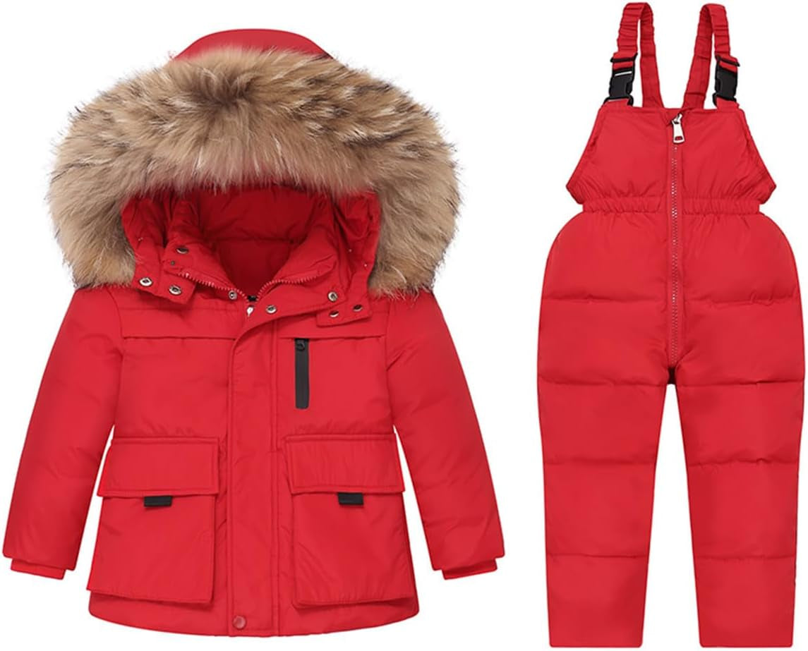 Baby Girls Two Piece Winter Warm Hooded Fur Trim Snowsuit Puffer down Jacket with Snow Ski Bib Pants Outfits