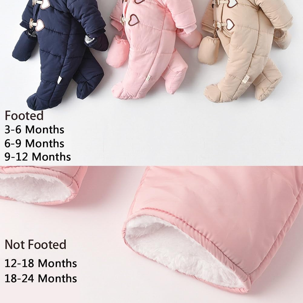 Baby Infant Boys Girls Snowsuit Winter Hooded Footed Warm Jumpsuit Outerwear with Gloves for 3-24 Months