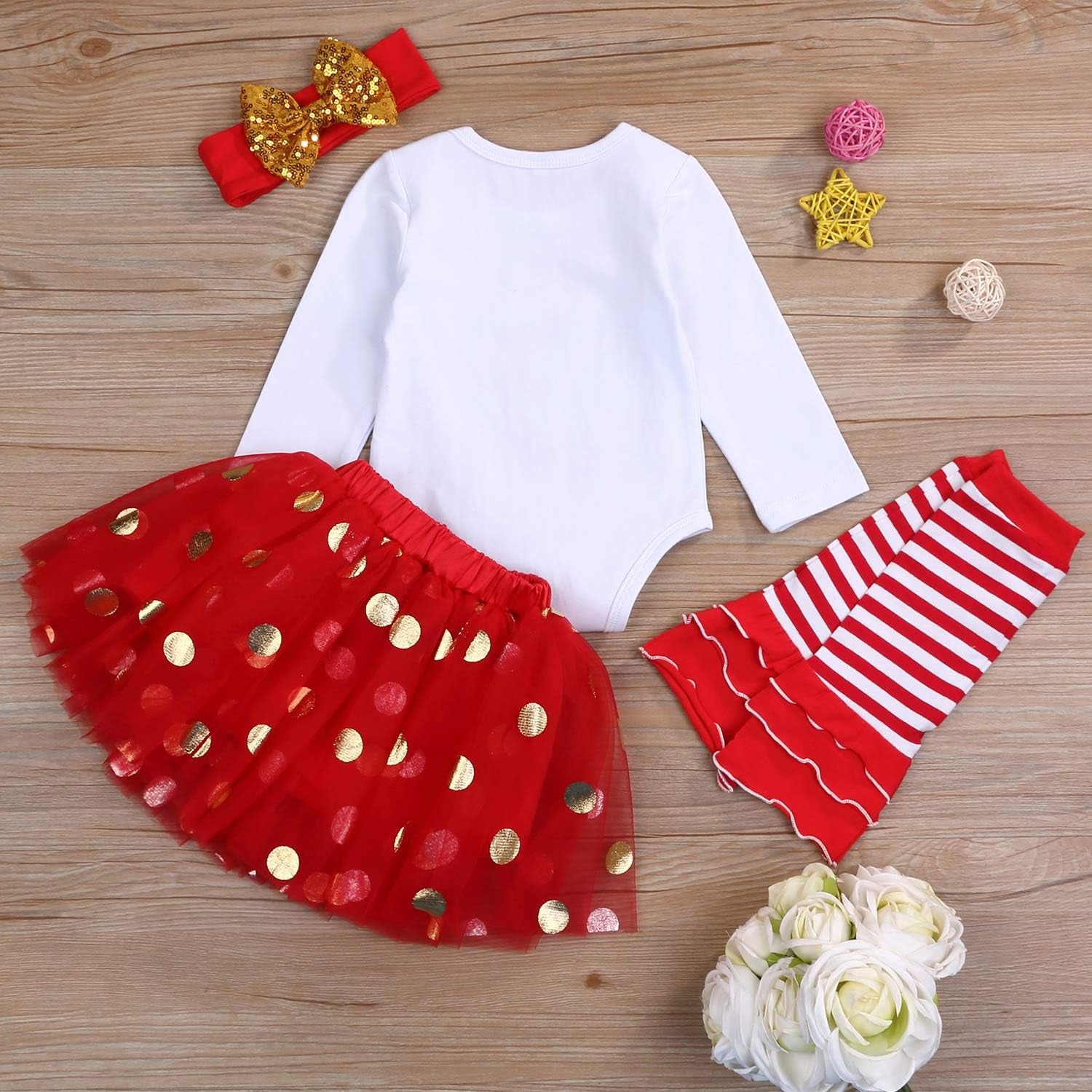 My First Christmas Clothes Baby Girls My 1St Christmas Romper Top+Dot Tutu Skirt+Leg Warmers+Headband 4Pcs Outfit Set