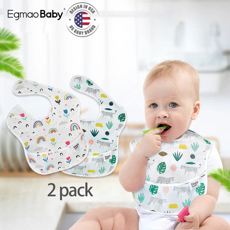 2Pcs/Lot Waterproof Baby Bibs TPU Coating Feeding Bibs Washable Unisex Bibs with Food Catcher for Baby Girls & Boys