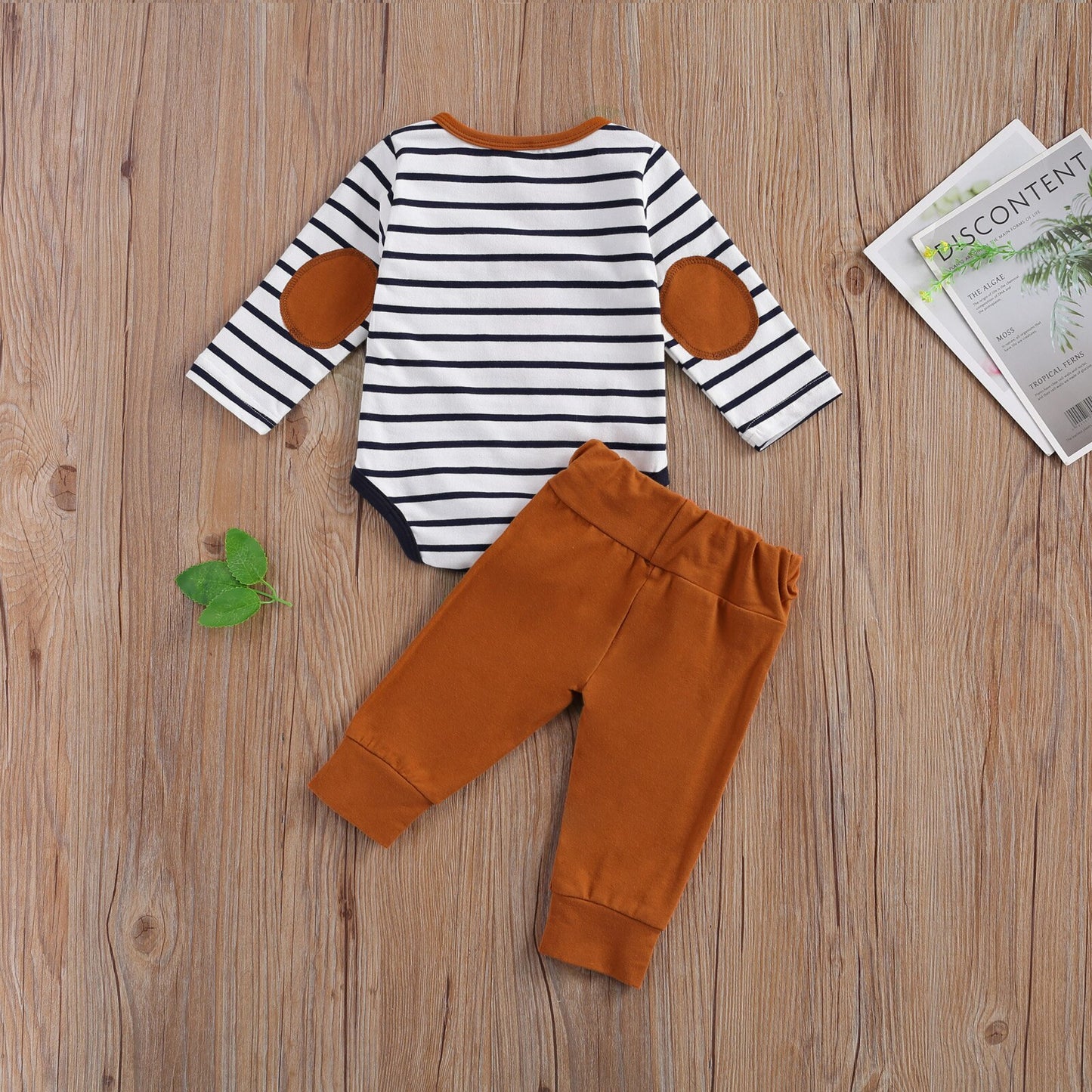 2Pcs Baby Girl Boy Casual Suit, round Neck Long Sleeve Stripe Romper Solid Color Button Decoration Loose Trousers Spring Autumn