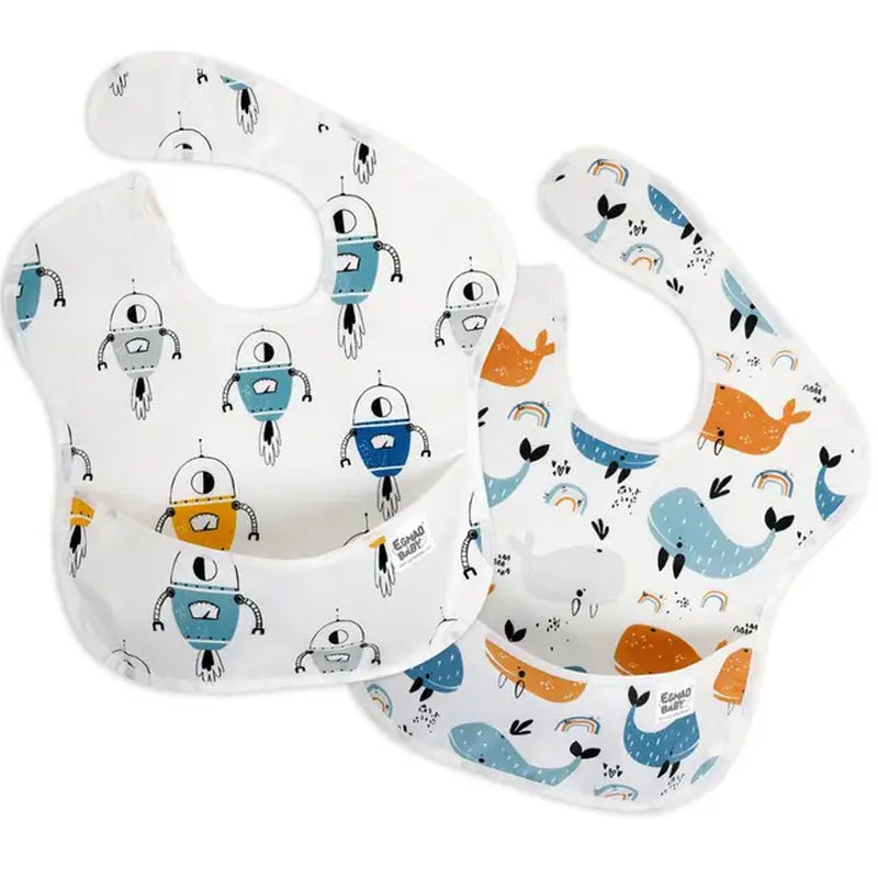 2Pcs/Lot Waterproof Baby Bibs TPU Coating Feeding Bibs Washable Unisex Bibs with Food Catcher for Baby Girls & Boys