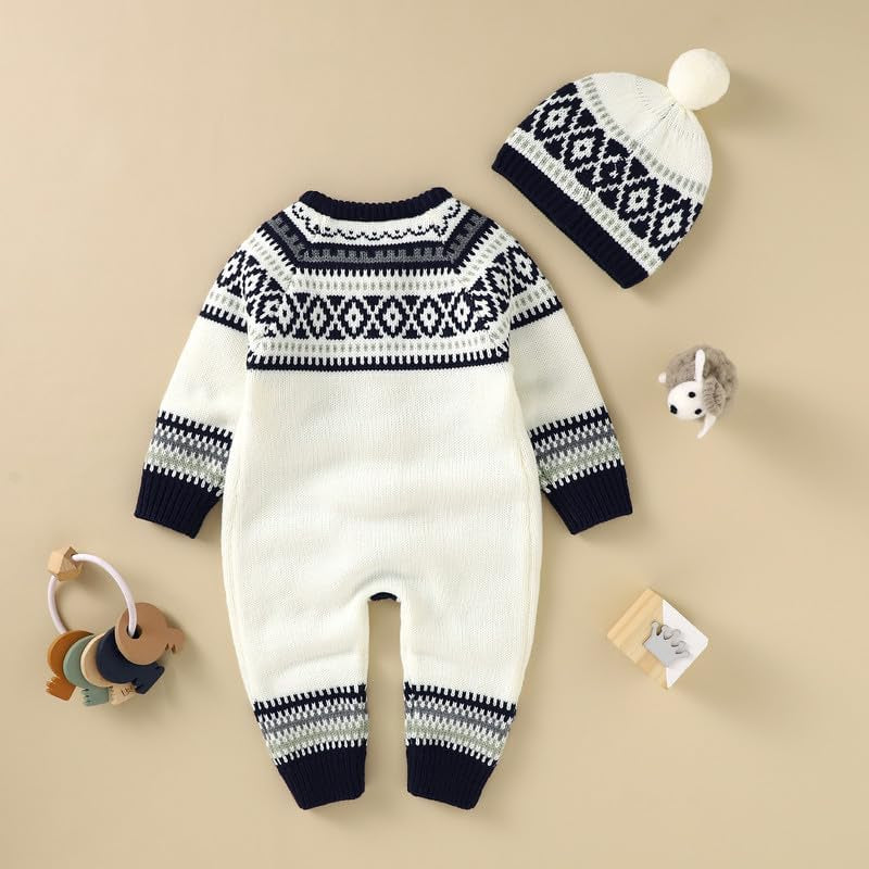 Newborn Baby Romper with Hat Clothes Set Infant Girl Boy Knitted Sweater Jumpsuit Long Sleeve